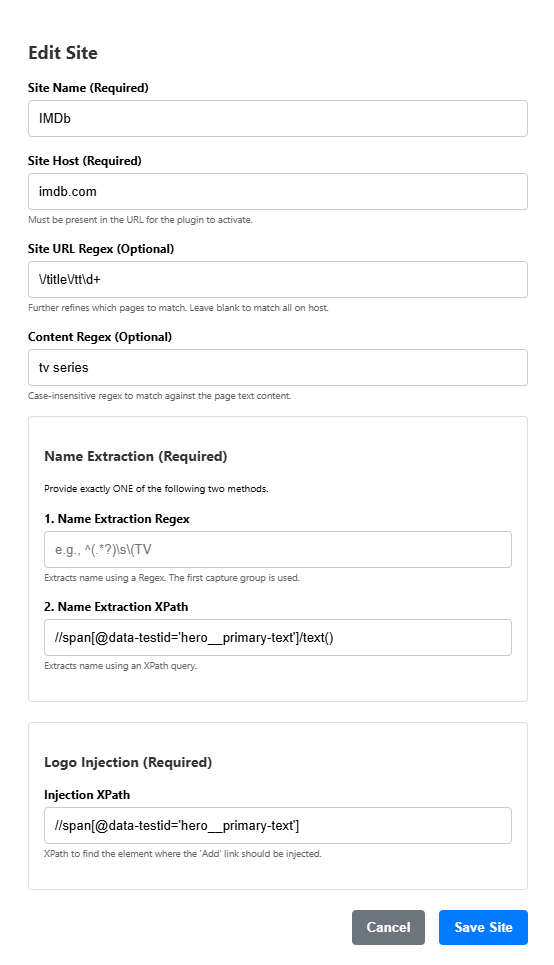 Settings for a specific site like IMDb